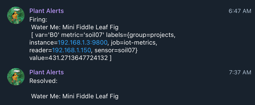 
  Telegram alerts sent from Grafana when a plant needs watering.
